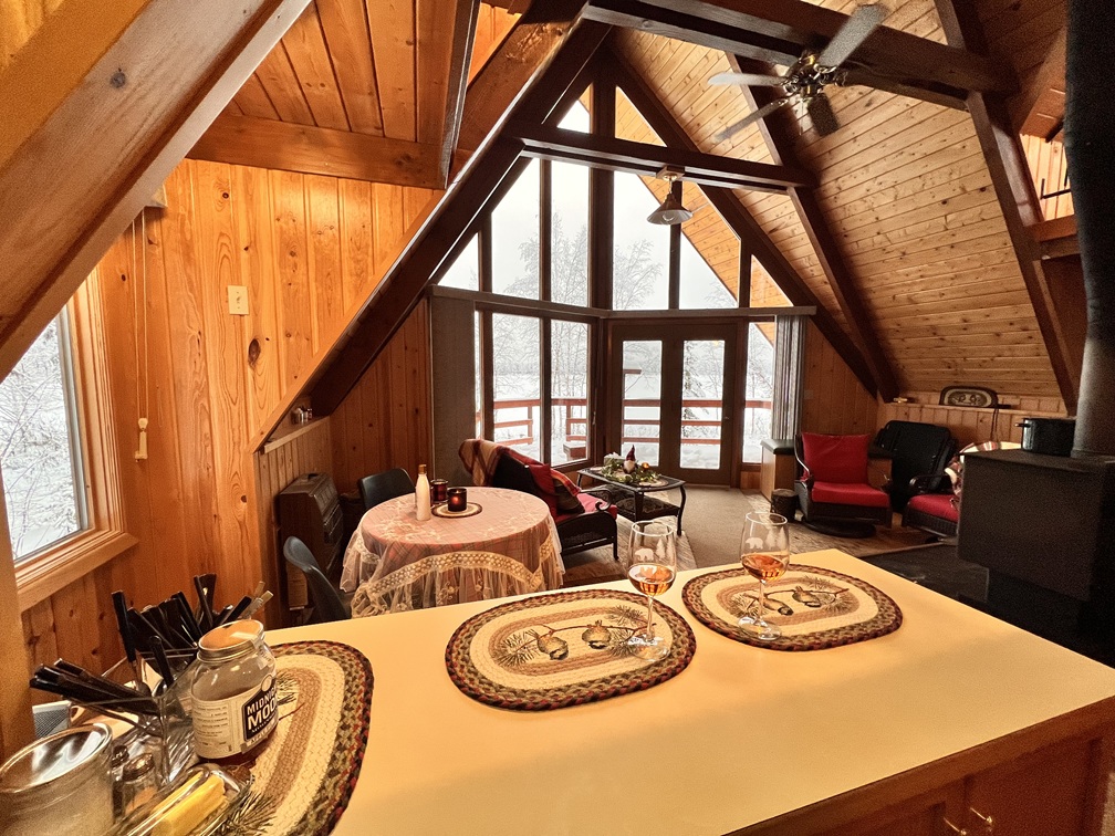 Glass of wine in a cozy cabin in the woods in Alaska